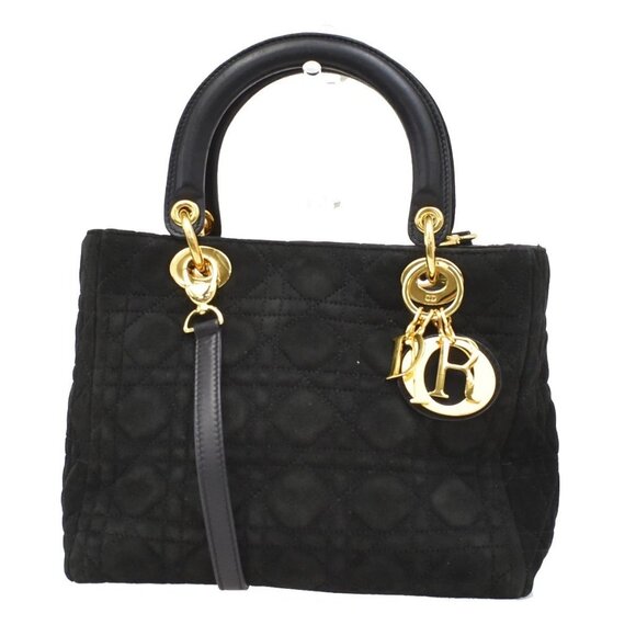 CHRISTIAN DIOR Lady Cannage 2Way Shoulder Hand Bag Suede Leather Black 43KB146 - Picture 1 of 15